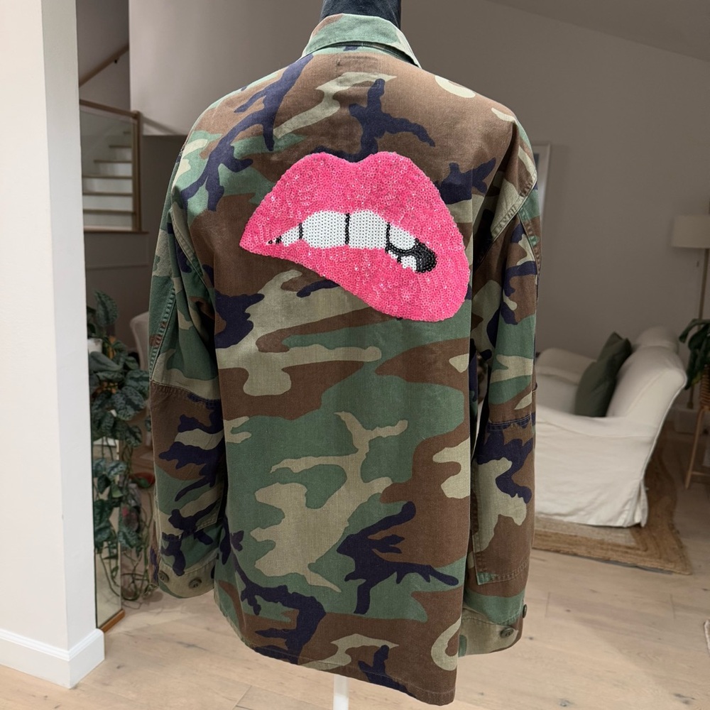Camo Army Jacket w/ Pink Sequin Lips Patch